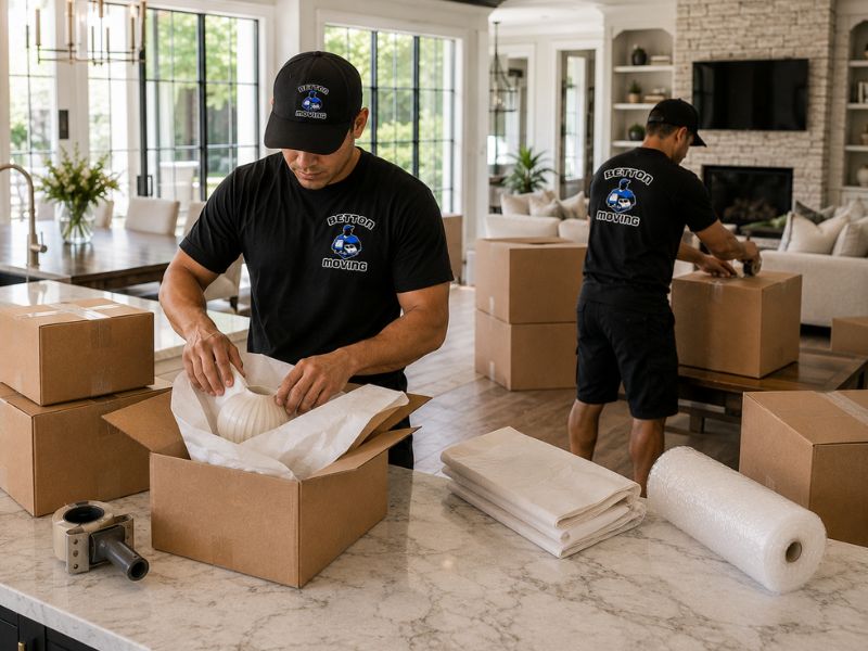 movers packing boxes in sugar land home