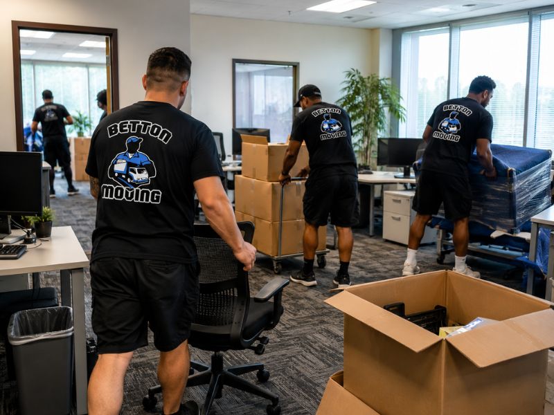 Movers relocating office furniture for a Houston business